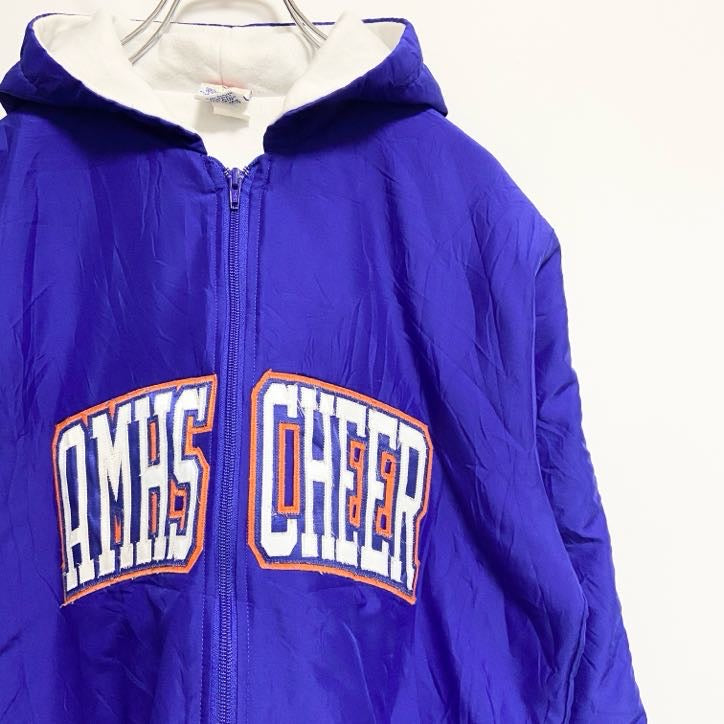 古着 used　90s　USA製　VARSITY　長袖ジップアップナイロンジャケット　ワッペン刺繍　青　ヴィンテージ　Sサイズ
