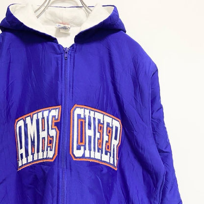 古着 used　90s　USA製　VARSITY　長袖ジップアップナイロンジャケット　ワッペン刺繍　青　ヴィンテージ　Sサイズ