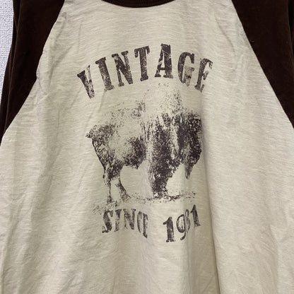 長袖プリントTシャツ/ロンT　ラグランスリーブ　3連プリント　ベージュ　茶色　ブラウン