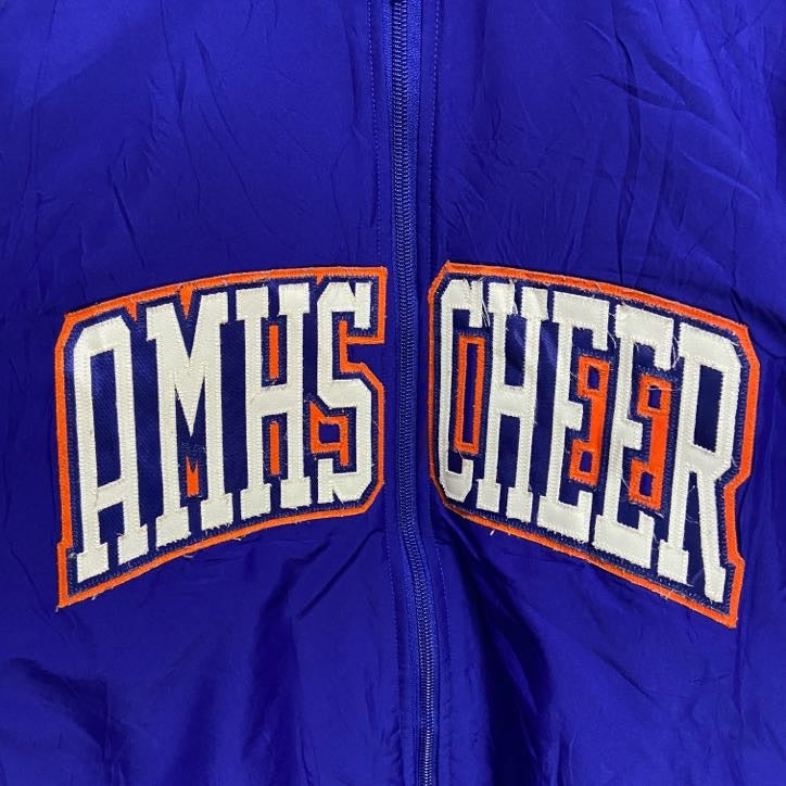 古着 used　90s　USA製　VARSITY　長袖ジップアップナイロンジャケット　ワッペン刺繍　青　ヴィンテージ　Sサイズ