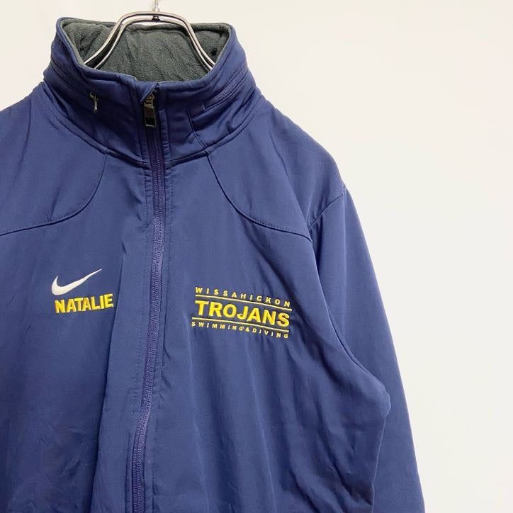 古着 used　NIKE　ナイキ　長袖ハイネックブルゾン　裏地フリースジャンパー　ワンポイント刺繍　ネイビー　秋冬服