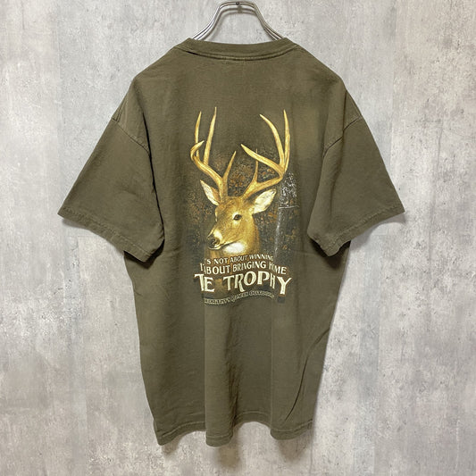 古着 used　GILDAN　ギルダン　半袖アニマルプリントTシャツ　バックプリント　茶色　レトロデザイン　クルーネック　Lサイズ