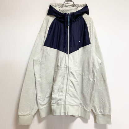 古着 used　NIKE　ナイキ　長袖異素材切替フリースジャケット　ロゴ刺繍　白　ネイビー　ビッグシルエット　2XLサイズ