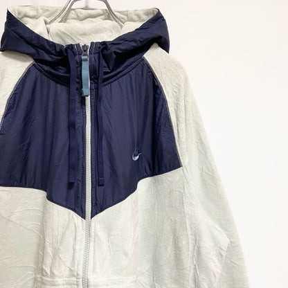 古着 used　NIKE　ナイキ　長袖異素材切替フリースジャケット　ロゴ刺繍　白　ネイビー　ビッグシルエット　2XLサイズ