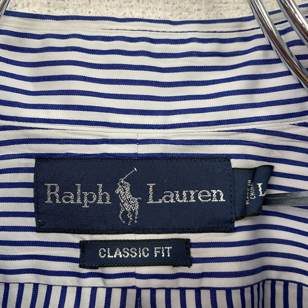 RALPH LAUREN　ラルフローレン　半袖シャツ　刺繡ロゴ　ストライプ　青　ブルー　Lサイズ