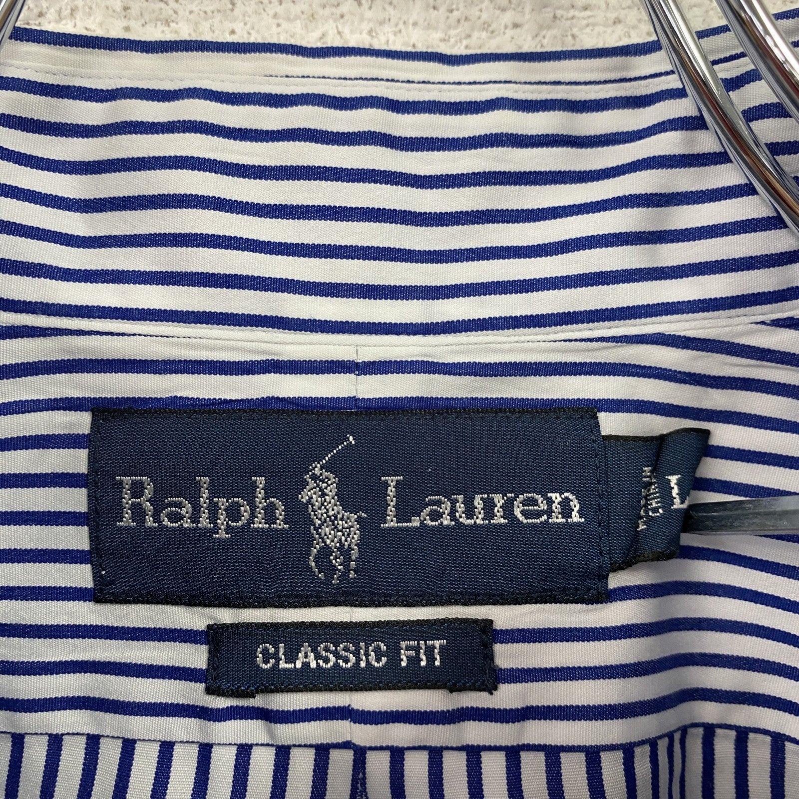 RALPH LAUREN　ラルフローレン　半袖シャツ　刺繡ロゴ　ストライプ　青　ブルー　Lサイズ