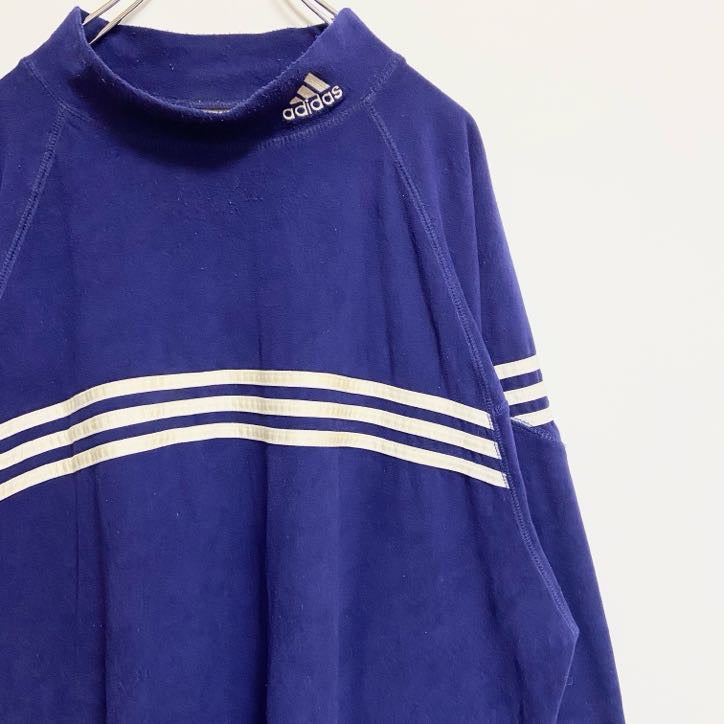 古着 used　adidas　アディダス　長袖ハイネックフリースプルオーバー　ワンポイント刺繍　青　ブルー　秋冬服　Lサイズ