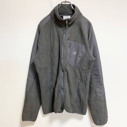 古着 used　Champion　チャンピオン　長袖ハイネックプリントブルゾン　裏地ボアアウター　グレー　ヴィンテージ　Mサイズ