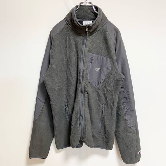 古着 used　Champion　チャンピオン　長袖ハイネックプリントブルゾン　裏地ボアアウター　グレー　ヴィンテージ　Mサイズ