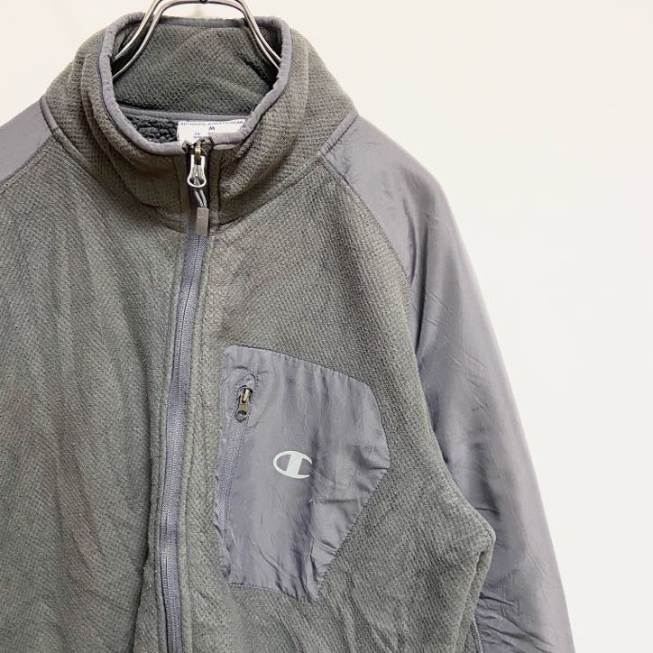 古着 used　Champion　チャンピオン　長袖ハイネックプリントブルゾン　裏地ボアアウター　グレー　ヴィンテージ　Mサイズ