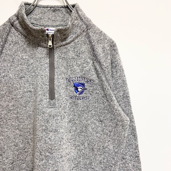 古着 used　Champion　長袖カレッジハーフジップ刺繍スウェット　トレーナー　エルムハースト大学　グレー　Lサイズ