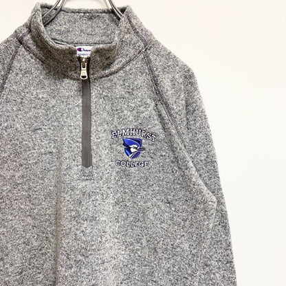 古着 used　Champion　長袖カレッジハーフジップ刺繍スウェット　トレーナー　エルムハースト大学　グレー　Lサイズ
