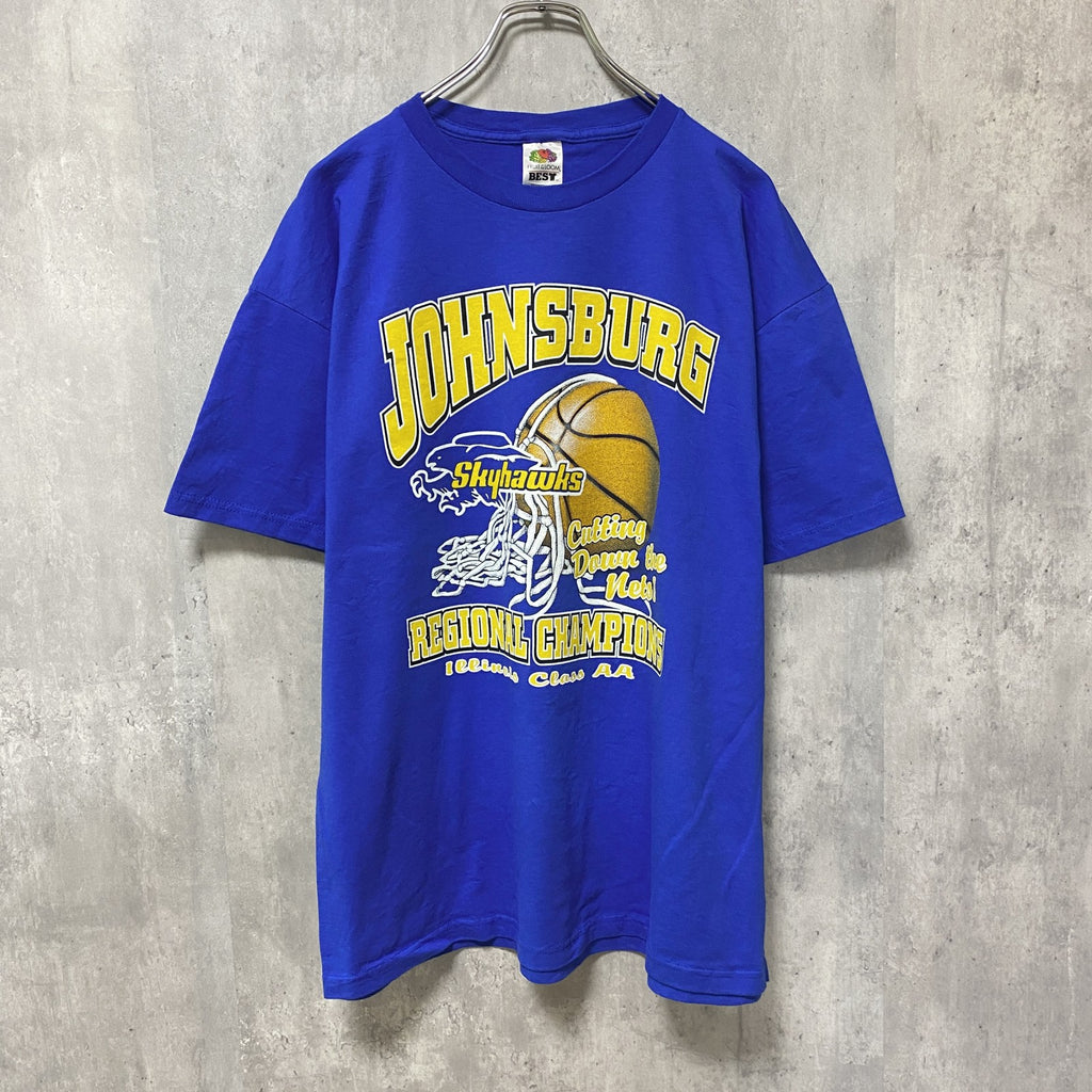 古着 used　バスケ　半袖プリントTシャツ　バックプリント　青　ブルー　レトロ　デザイン　個性的　クルーネック　オーバーサイズ