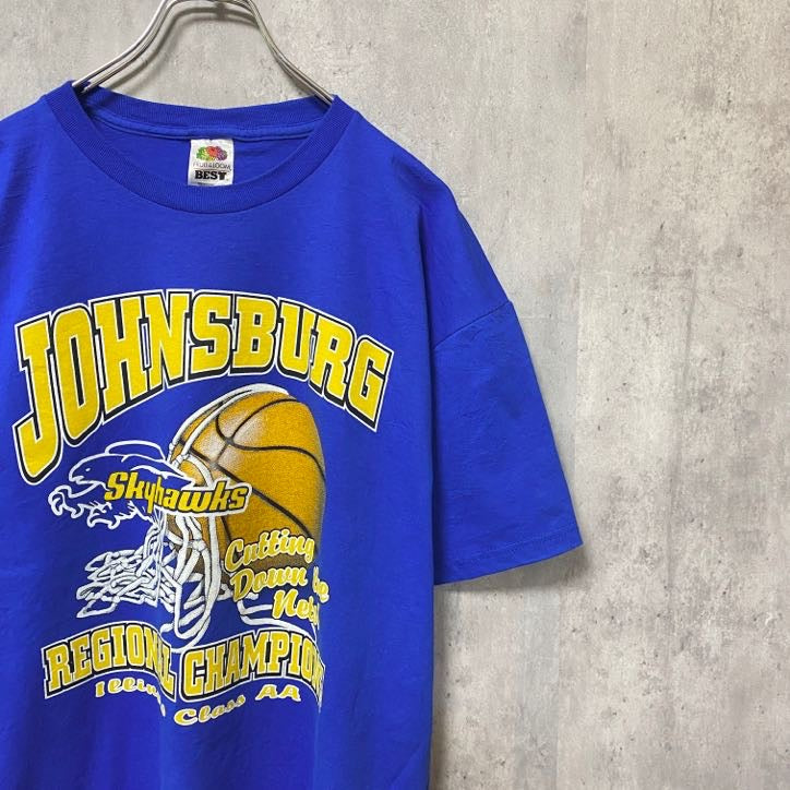 古着 used　バスケ　半袖プリントTシャツ　バックプリント　青　ブルー　レトロ　デザイン　個性的　クルーネック　オーバーサイズ