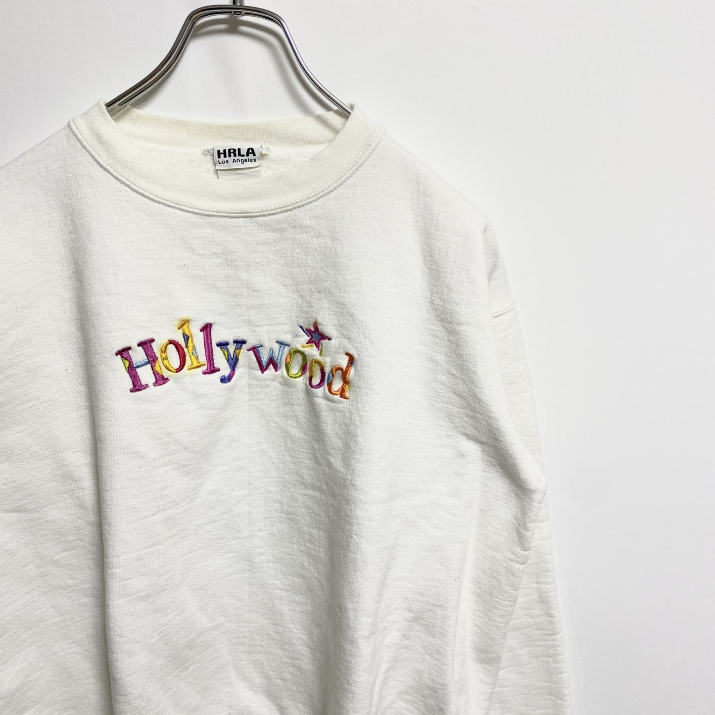 90s　HRLA　スウェット/トレーナー　刺繍ロゴ　Hollywood　クルーネック　ヴィンテージ　白　ホワイト　Sサイズ