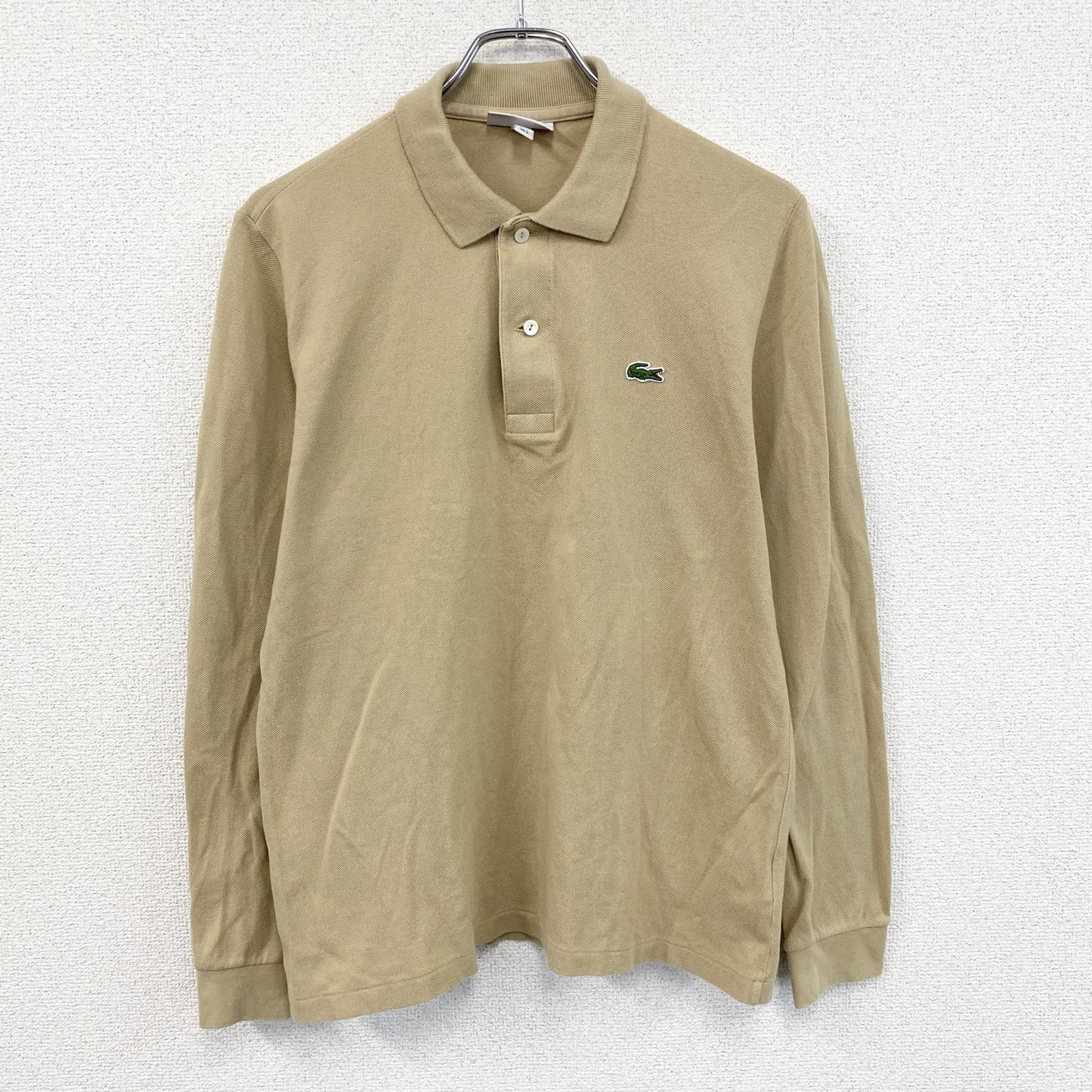 LACOSTE　ラコステ　長袖ポロシャツ　刺繡ロゴ　無地　ベージュ　Sサイズ