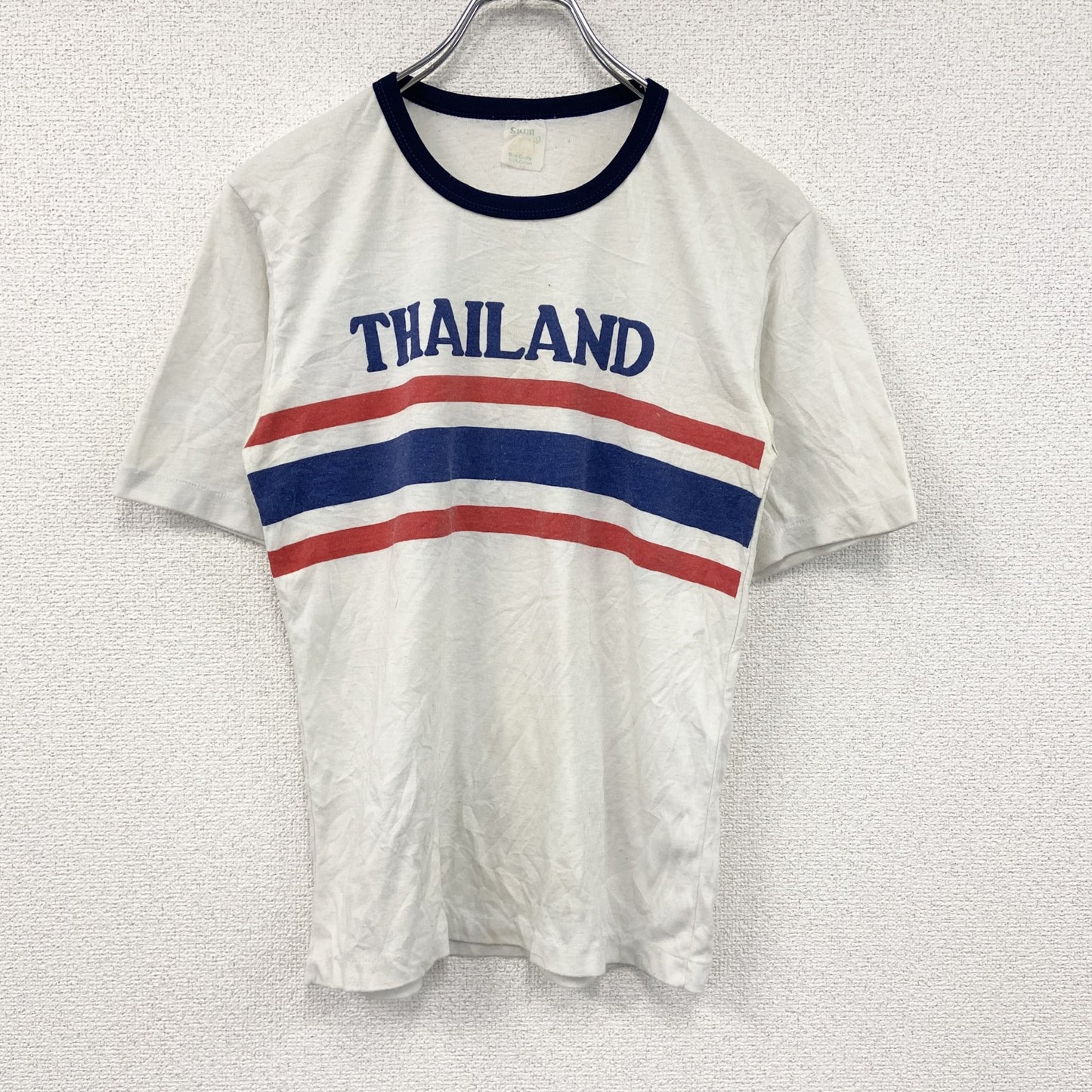 ～90s　Siam　THAILAND　半袖リンガーTシャツ　シングルステッチ　スーベニア　ヴィンテージ　白　ホワイト　Lサイズ