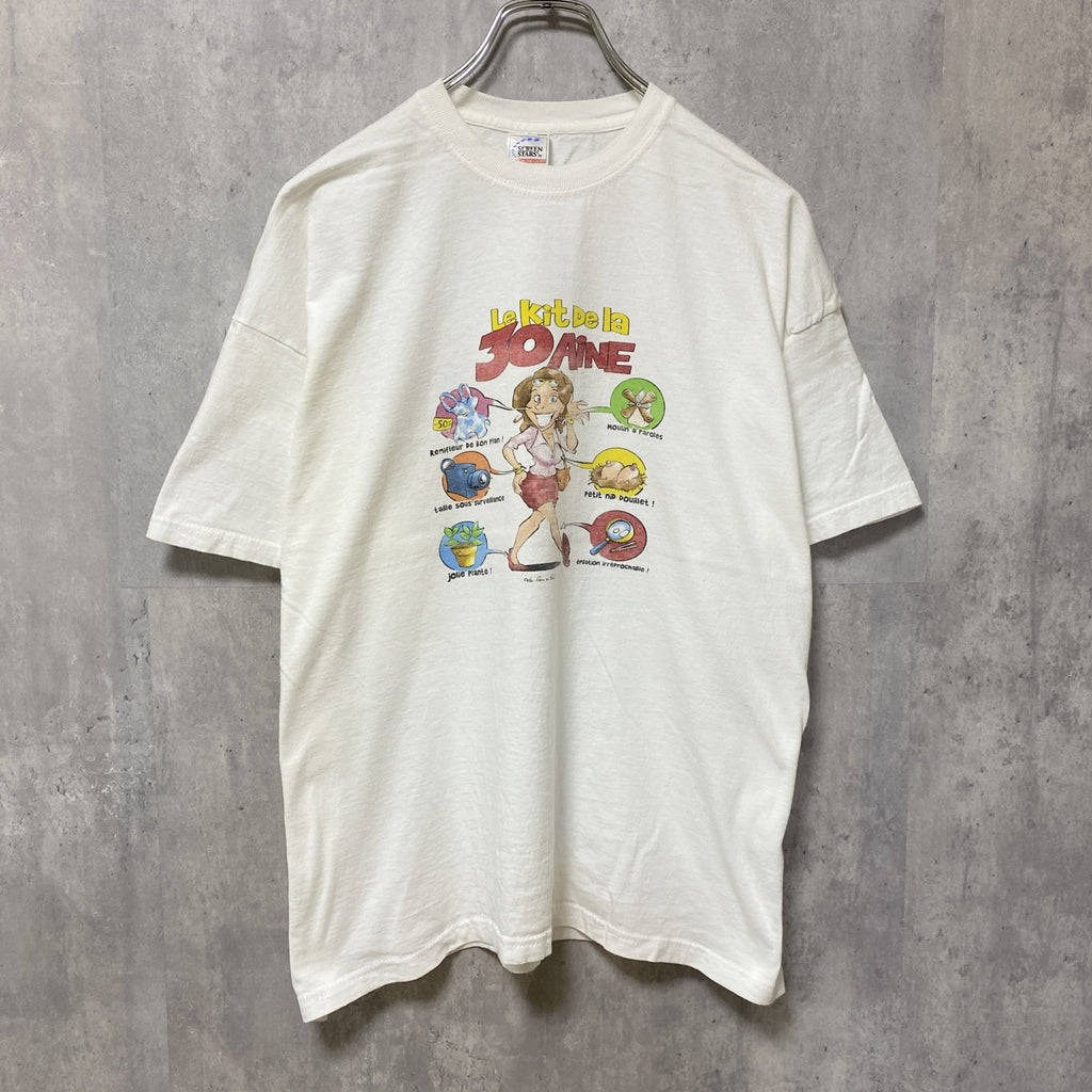 古着 used　半袖プリントTシャツ　エロT　白　ホワイト　レトロ　デザイン　個性的　クルーネック　春夏服　Lサイズ