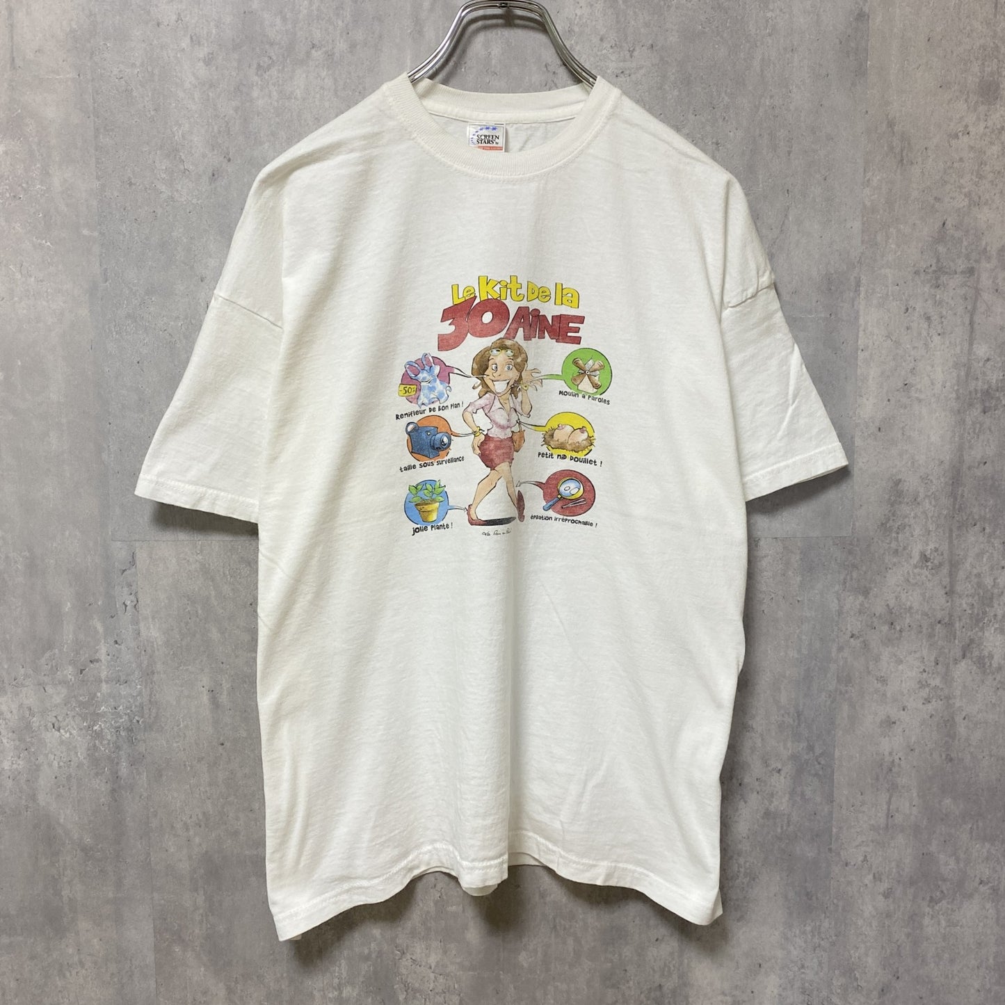 古着 used　半袖プリントTシャツ　エロT　白　ホワイト　レトロ　デザイン　個性的　クルーネック　春夏服　Lサイズ