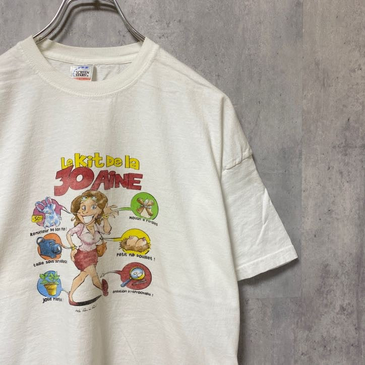 古着 used　半袖プリントTシャツ　エロT　白　ホワイト　レトロ　デザイン　個性的　クルーネック　春夏服　Lサイズ