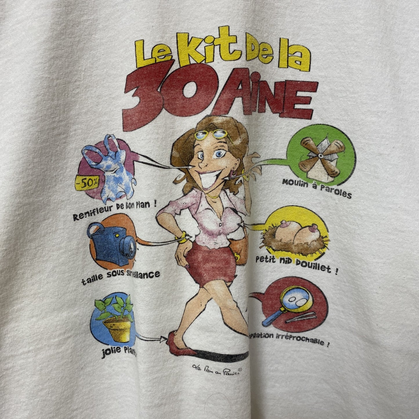 古着 used　半袖プリントTシャツ　エロT　白　ホワイト　レトロ　デザイン　個性的　クルーネック　春夏服　Lサイズ