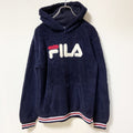 古着 used　FILA　フィラ　長袖ボアフリースパーカー　デカロゴ刺　フーディ　ネイビー　レトロデザイン　XXLサイズ