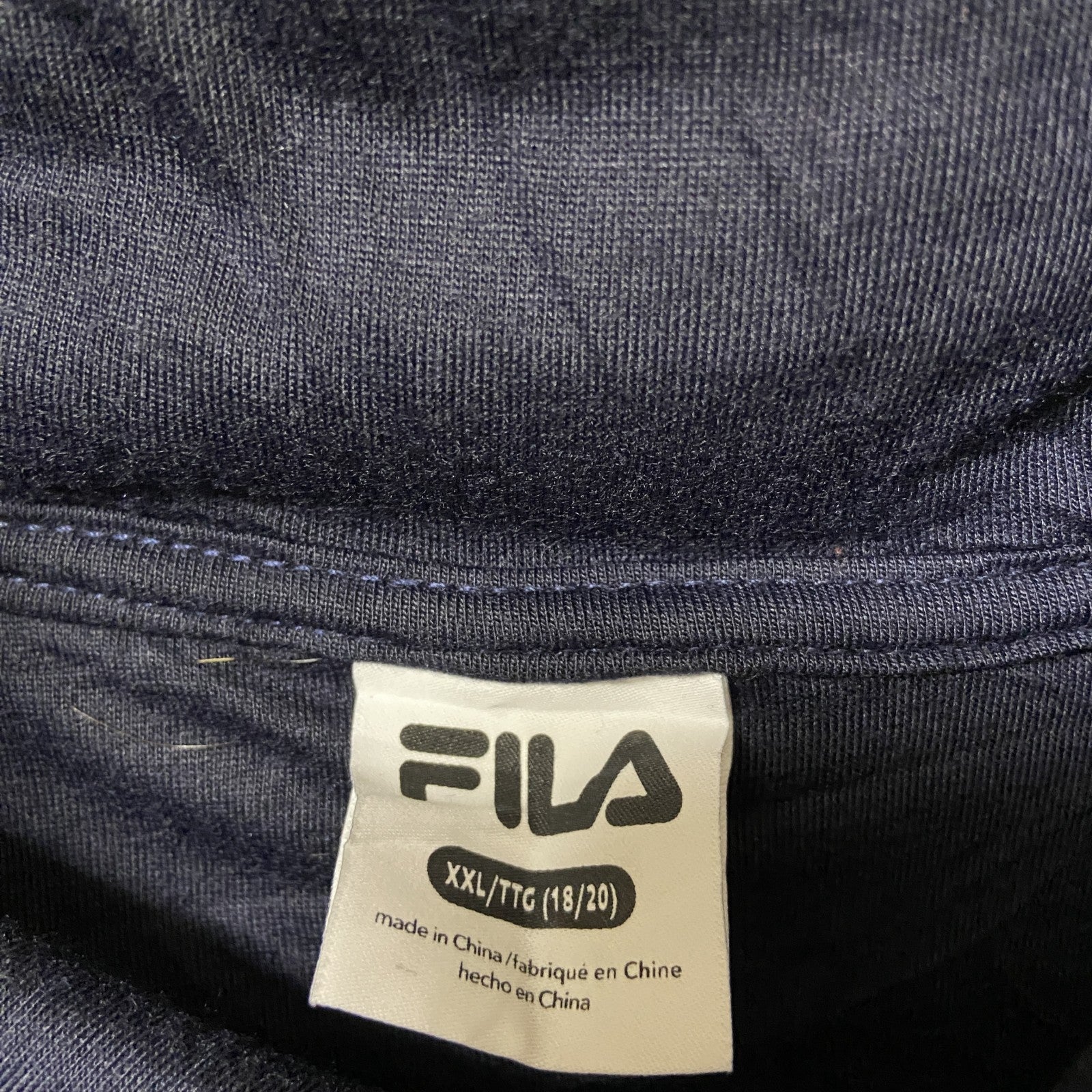 古着 used　FILA　フィラ　長袖ボアフリースパーカー　デカロゴ刺　フーディ　ネイビー　レトロデザイン　XXLサイズ