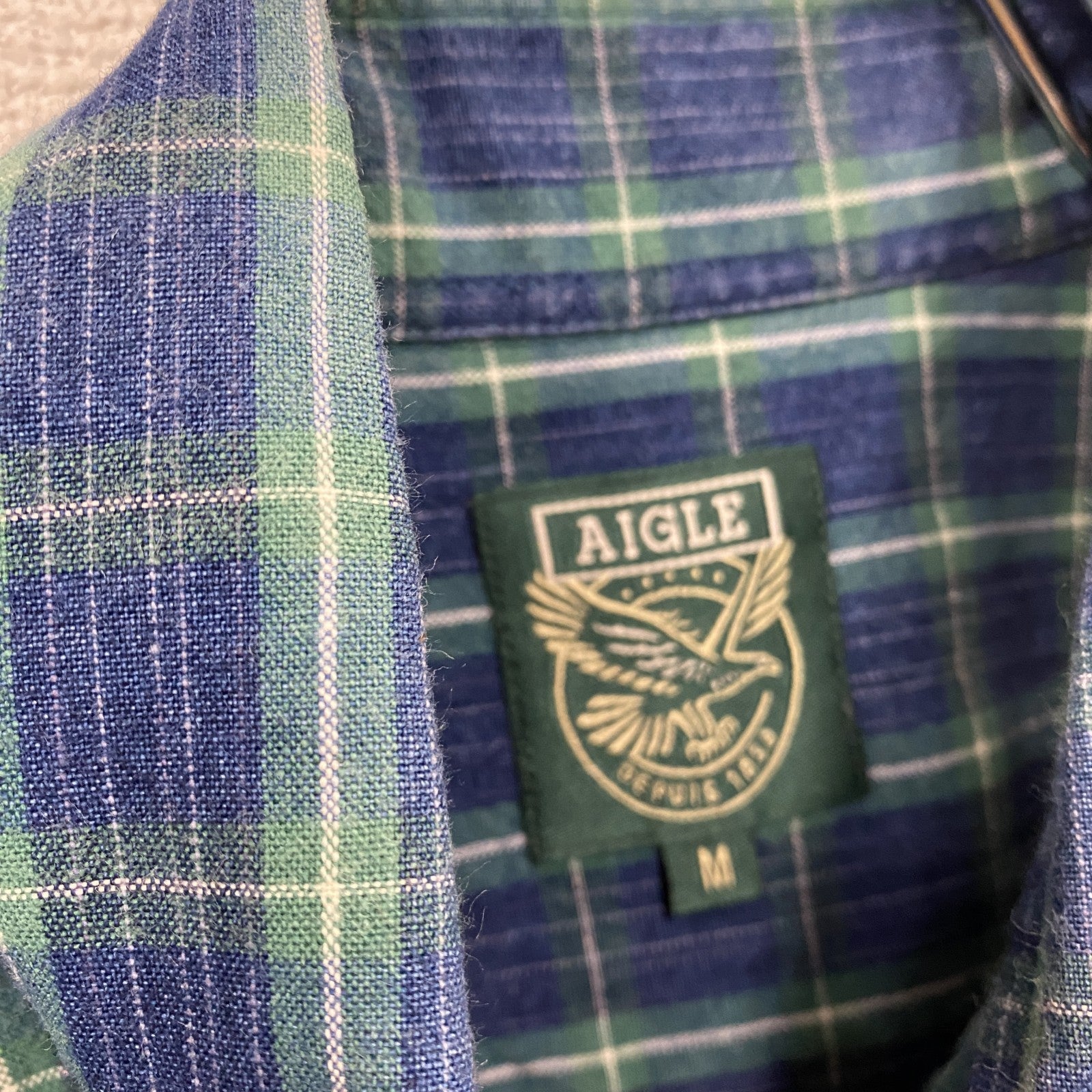 AIGLE　エーグル　半袖シャツ　ボタンダウンシャツ　チェック柄　マルチカラー　紺　ネイビー　Mサイズ