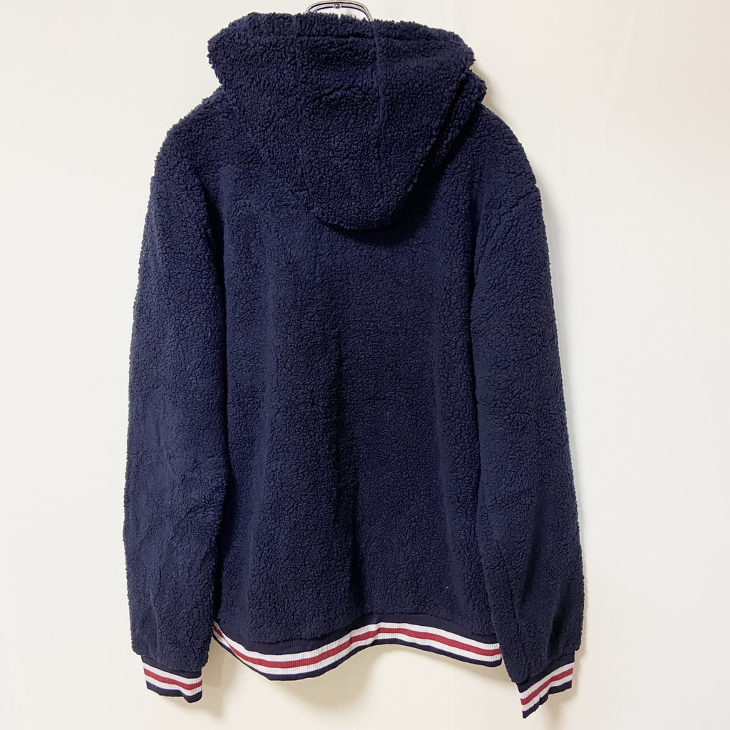 古着 used　FILA　フィラ　長袖ボアフリースパーカー　デカロゴ刺　フーディ　ネイビー　レトロデザイン　XXLサイズ