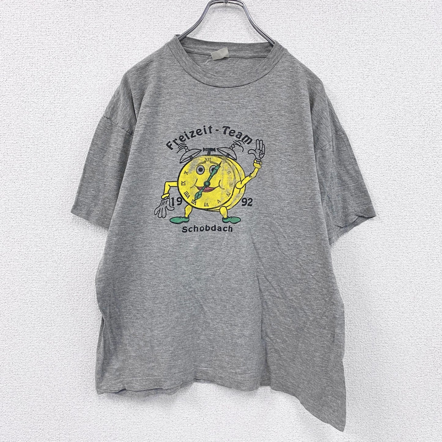 90s　半袖プリントTシャツ　目覚まし時計　キャラクター　ヴィンテージ　灰色　グレー
