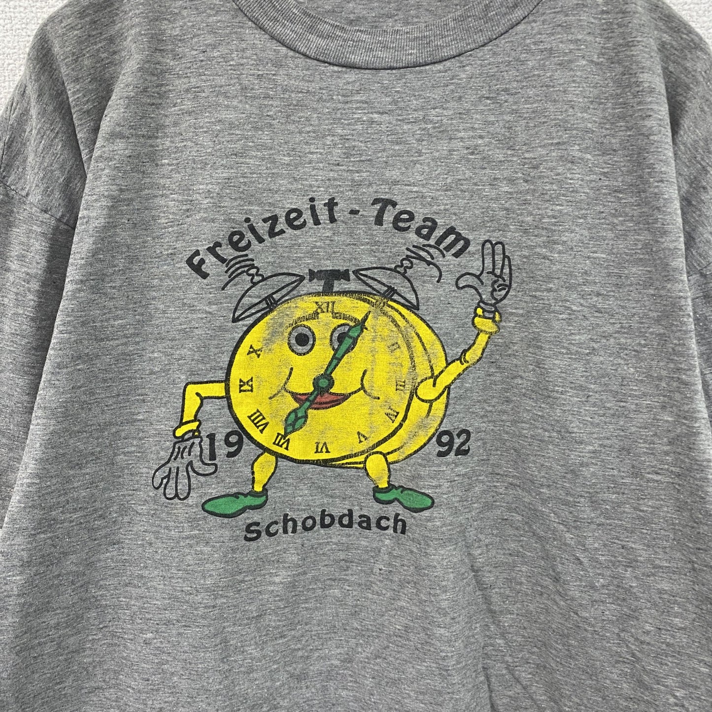 90s　半袖プリントTシャツ　目覚まし時計　キャラクター　ヴィンテージ　灰色　グレー