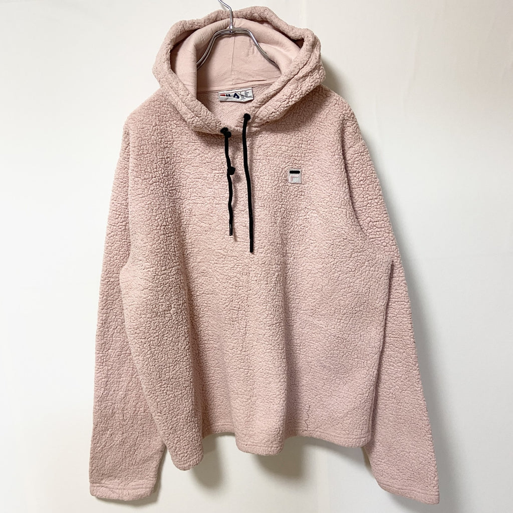 古着 used　FILA　フィラ　長袖ボアフリースパーカー　フーディ　ワンポイントロゴ　レトロデザイン　ピンク　XXLサイズ