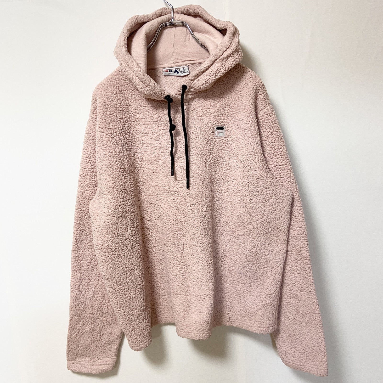 古着 used　FILA　フィラ　長袖ボアフリースパーカー　フーディ　ワンポイントロゴ　レトロデザイン　ピンク　XXLサイズ