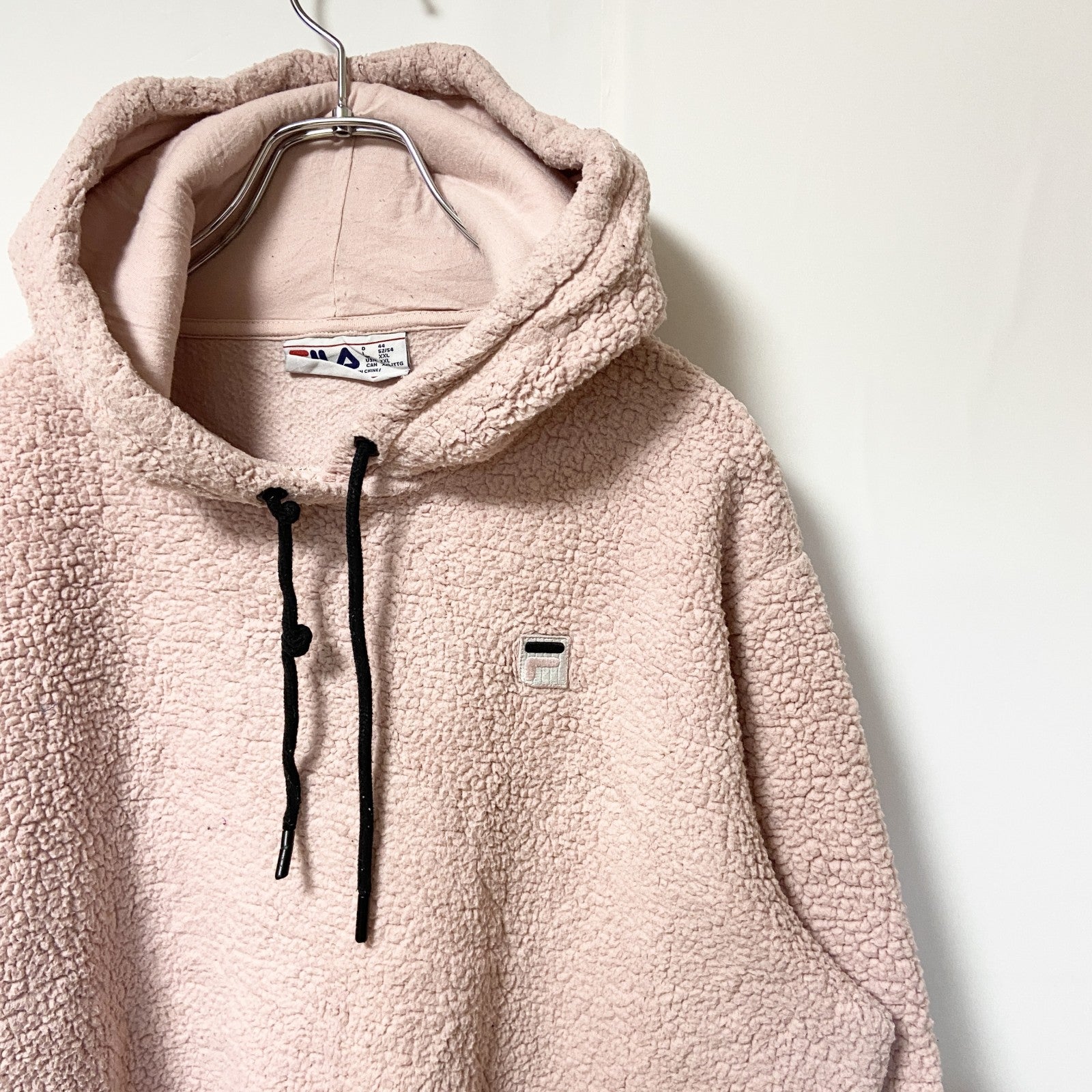 古着 used　FILA　フィラ　長袖ボアフリースパーカー　フーディ　ワンポイントロゴ　レトロデザイン　ピンク　XXLサイズ