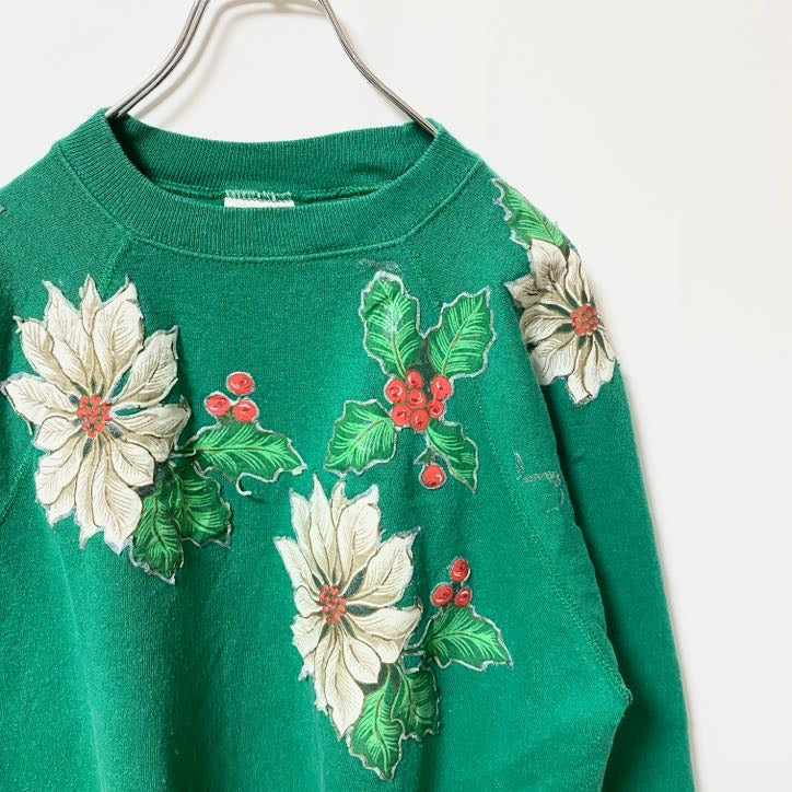 古着 used Hanes Her Way ヘインズ　長袖ラグランスリーブ花柄スウェット　トレーナー　90s　グリーン　XLサイズ