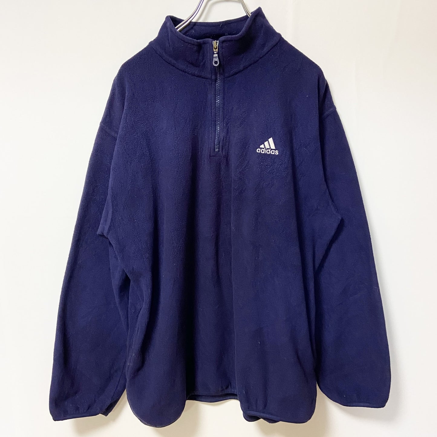 古着 used　Adidas　アディダス　長袖フリースジャケット　ワンポイント刺繡　ハーフジップ　レトロ　ネイビー　紺　Lサイズ