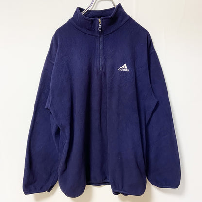 古着 used　Adidas　アディダス　長袖フリースジャケット　ワンポイント刺繡　ハーフジップ　レトロ　ネイビー　紺　Lサイズ
