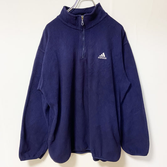 古着 used　Adidas　アディダス　長袖フリースジャケット　ワンポイント刺繡　ハーフジップ　レトロ　ネイビー　紺　Lサイズ