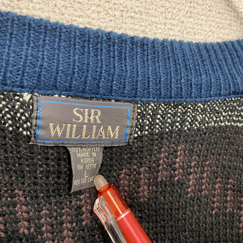 ～90s　SIR WILLIAM　アクリルニットカーディガン　ヴィンテージ　総柄　黒　ブラック　Lサイズ