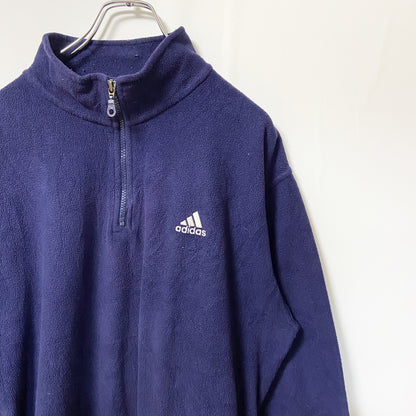 古着 used　Adidas　アディダス　長袖フリースジャケット　ワンポイント刺繡　ハーフジップ　レトロ　ネイビー　紺　Lサイズ