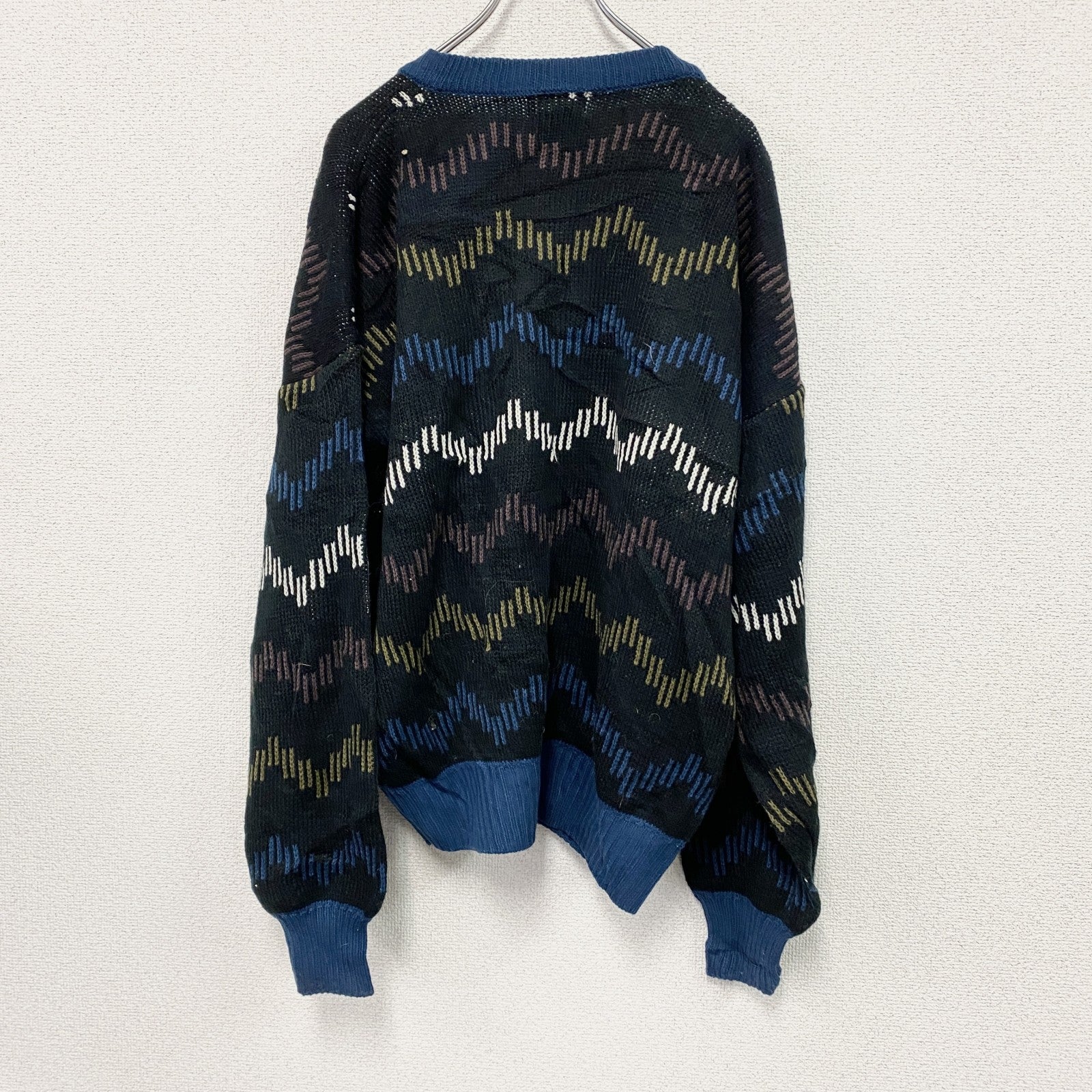 ～90s　SIR WILLIAM　アクリルニットカーディガン　ヴィンテージ　総柄　黒　ブラック　Lサイズ