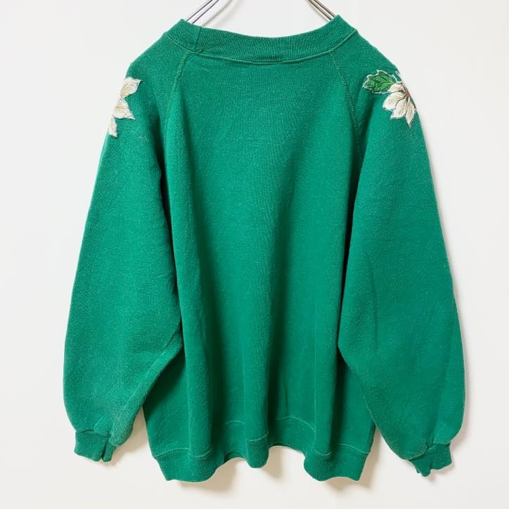 古着 used Hanes Her Way ヘインズ　長袖ラグランスリーブ花柄スウェット　トレーナー　90s　グリーン　XLサイズ