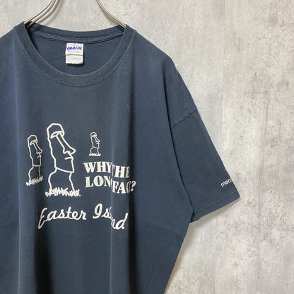 古着 used　GILDAN　ギルダン　モアイ像　半袖プリントTシャツ　黒　ブラック　クルーネック　ビッグシルエット　XLサイズ