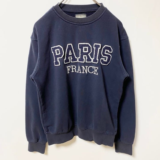 古着 used Attitude 長袖クルーネック刺繍ワッペンスウェット　レトロデザイン　ネイビー　紺　Sサイズ