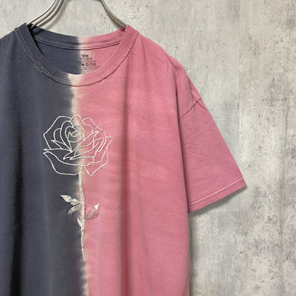 古着 used　半袖刺繍Tシャツ　薔薇　レトロ　デザイン　個性的　クルーネック　ピンク　ダークグレー　春夏服　Mサイズ