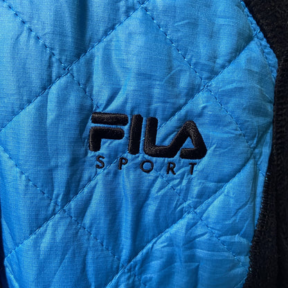 古着 used　FILA　フィラ　長袖異素材切替パーカー　フリース生地　ワンポイント刺繍　水色　黒　ブラック　秋冬服　Mサイズ