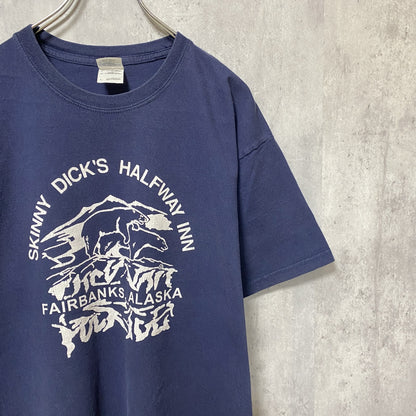 古着 used　GILDAN　ギルダン　半袖アニマル柄プリントTシャツ　ネイビー　紺　レトロデザイン　クルーネック　Lサイズ