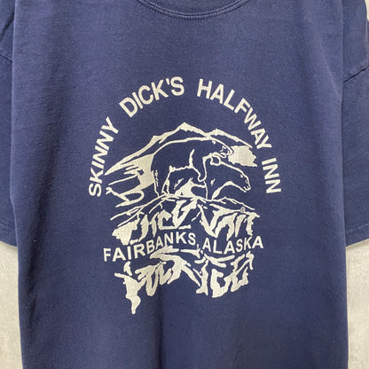 古着 used　GILDAN　ギルダン　半袖アニマル柄プリントTシャツ　ネイビー　紺　レトロデザイン　クルーネック　Lサイズ