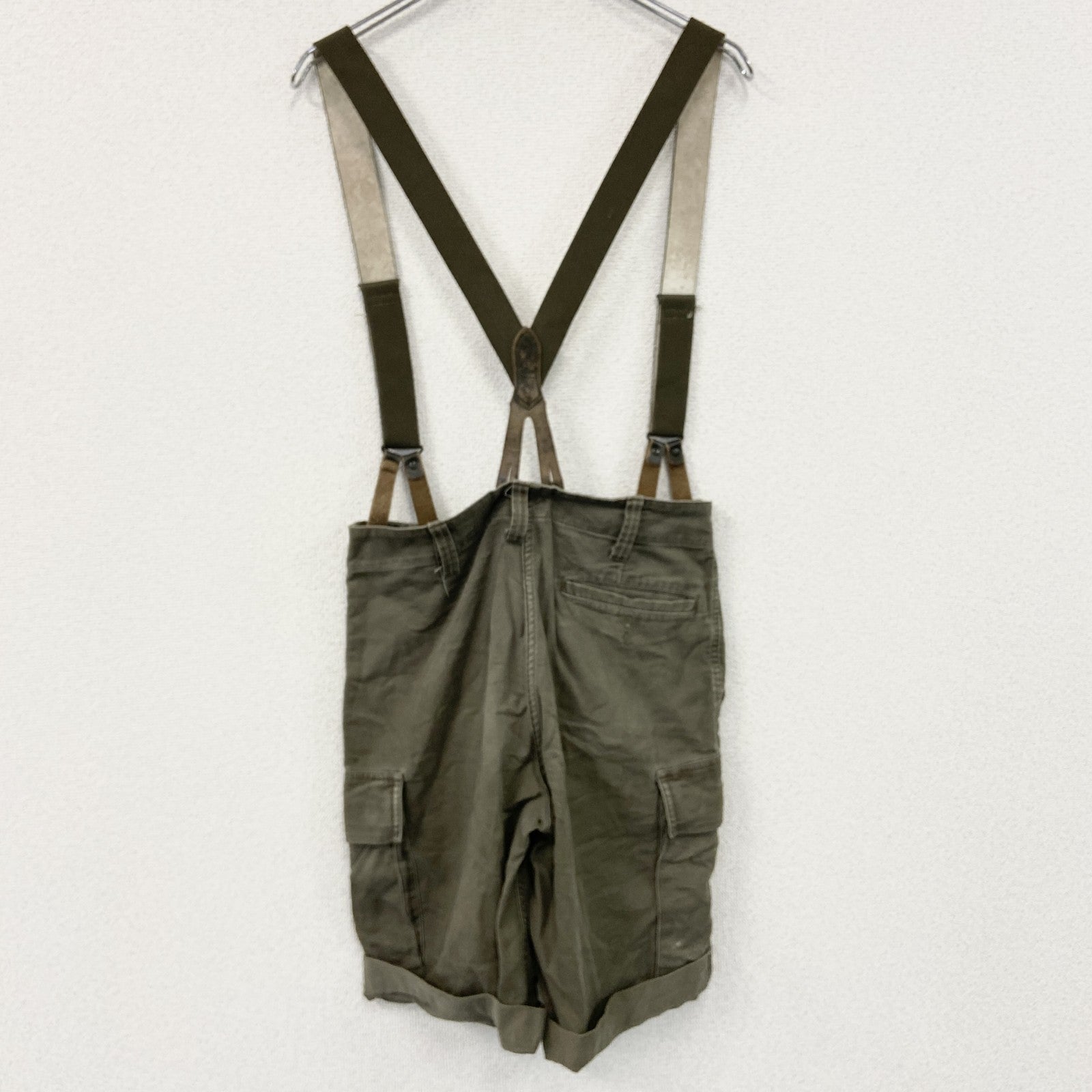 90s　ドイツ軍　ハーフカーゴパンツ　サスペンダー付　5つポケット　ミリタリー　フラップポケット　ヴィンテージ　カーキ