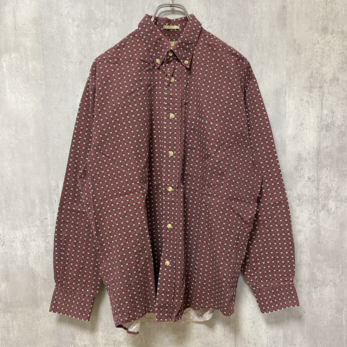 古着 used　natural issue　長袖総柄シャツ　ワインレッド　えんじ色　レトロ　個性的　デザイン　Lサイズ